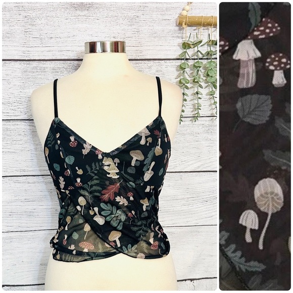 Tops - Vintage Style Mushroom Mesh Cami Crop Tank Top Woodland Summer Festival Boho